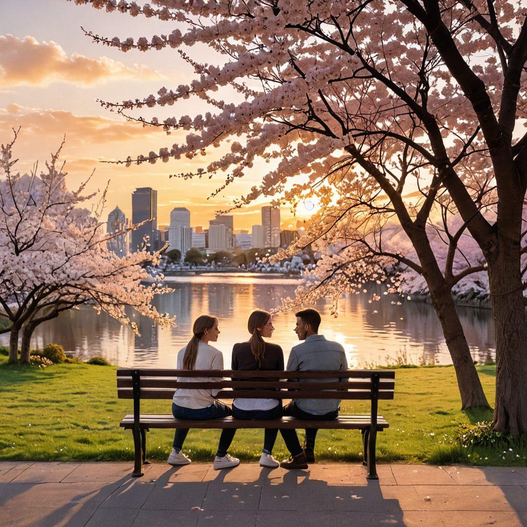 A cozy scene featuring two people sitting closely on a park bench, sharing a heartfelt conversation with soft smiles, surrounded by blooming cherry blossom trees. A warm sunset casts a golden glow on their faces, symbolizing intimacy and connection. The background subtly hints at a vibrant city skyline to signify growth and exploration. pastel colors. romantic atmosphere. soft focus.