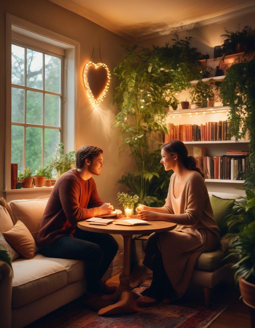 A warm and inviting scene of two people sharing a deep, intimate conversation in a cozy, softly-lit room filled with books and plants. Their expressions are a blend of joy and understanding, symbolizing connection and love. Artistic elements like heart-shaped light bokeh in the background enhance the romantic atmosphere, making it visually captivating. The color palette should be warm and inviting, with soft reds and golds. super-realistic. vibrant colors.