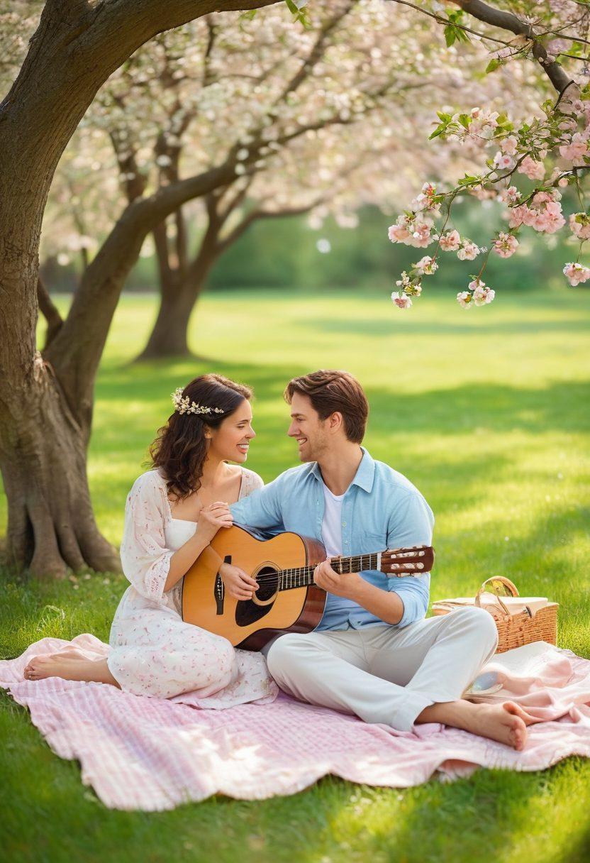 A serene scene depicting two people enjoying a romantic picnic underneath a blossoming tree, surrounded by soft sunlight filtering through the leaves. The atmosphere conveys warmth and connection, with intertwined hands and shared laughter, emphasizing a deep bond. Elements like a guitar, an open book, and scattered flowers enhance the intimate setting. dreamy pastel colors. soft focus. romantic.